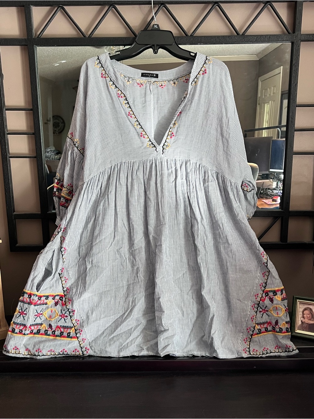 Embroidered Striped V-Neck Boho Tunic - Blue & White